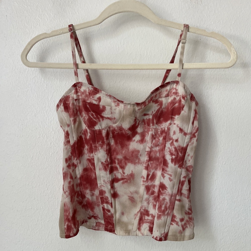 PRETTY LITTLE THING red pink cream Tie Dye Corset top boning XS 2 festival